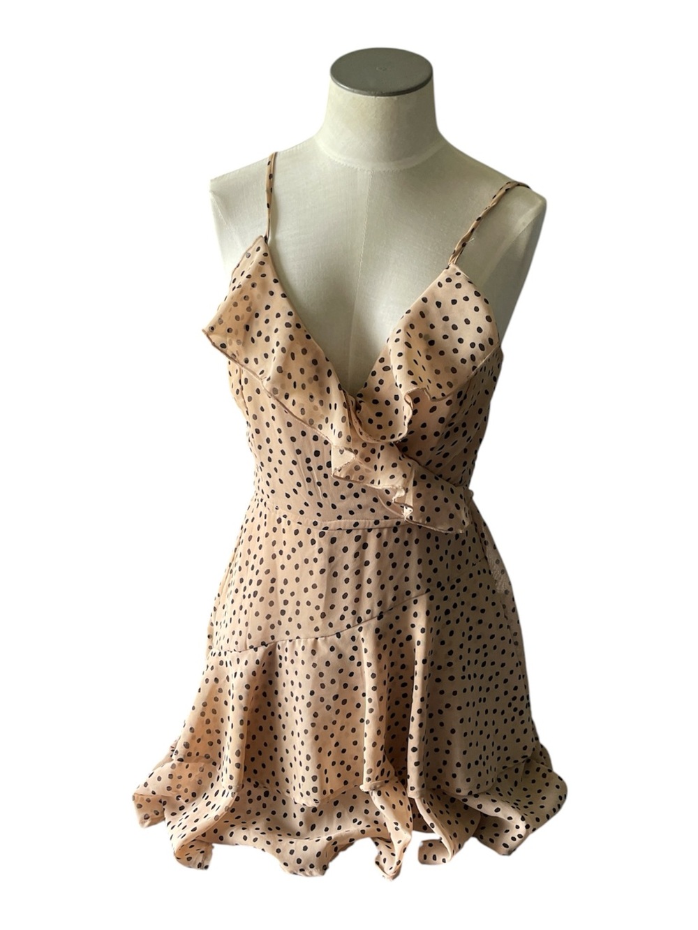 Polka Dot Ruffle Mini Dress in Beige - Brand: